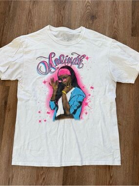 Graphic White Women’s Tee with Pink & Blue Airbrush Design